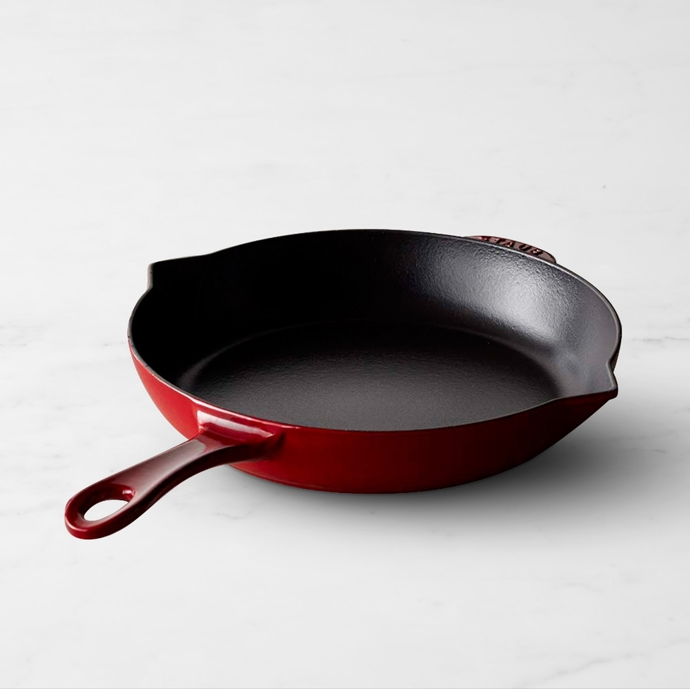 Used once Staub classic cast iron fry pan in cherry red